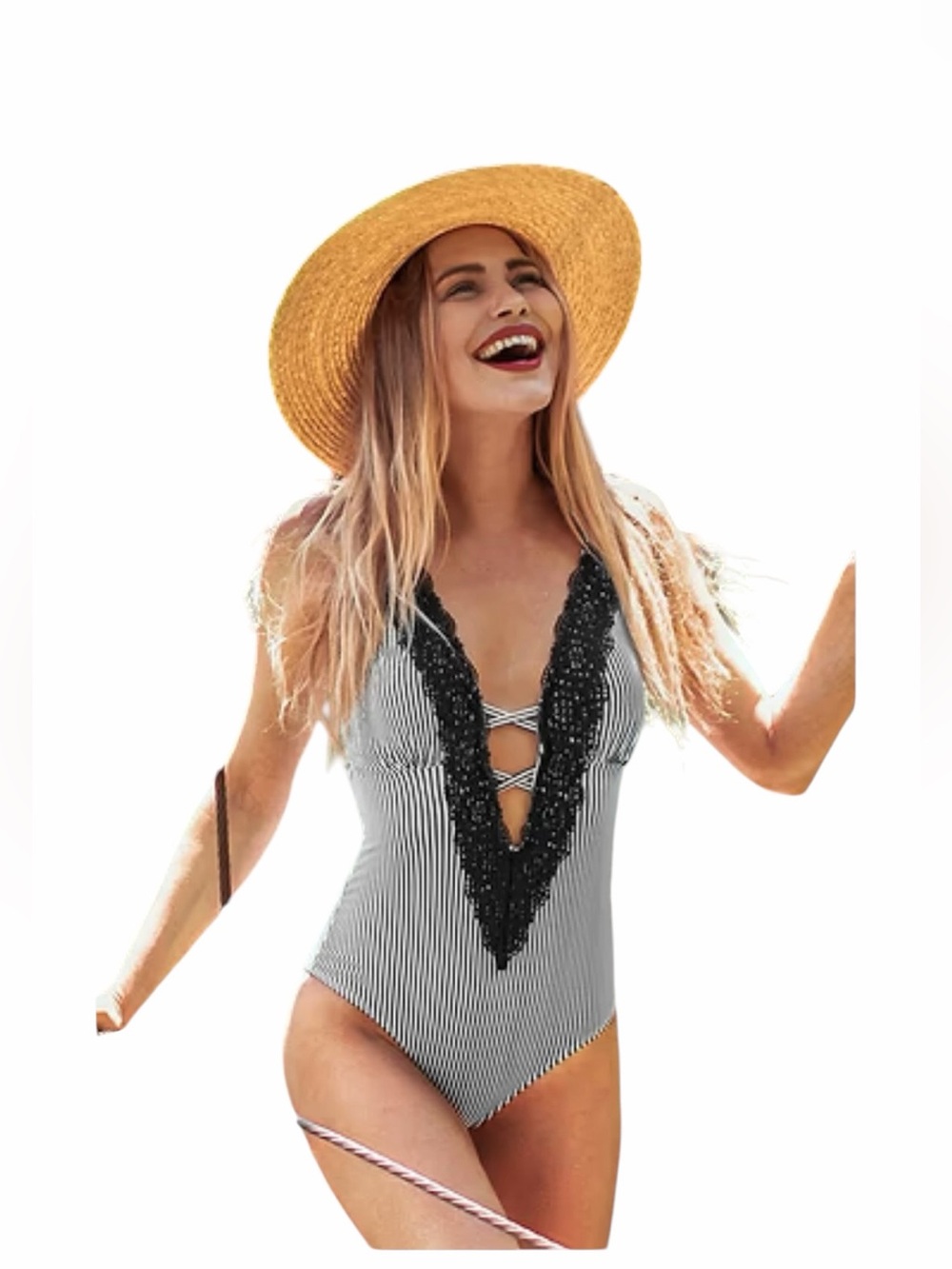 Cupshe wish you well black and white stripe with lace trim swimsuit